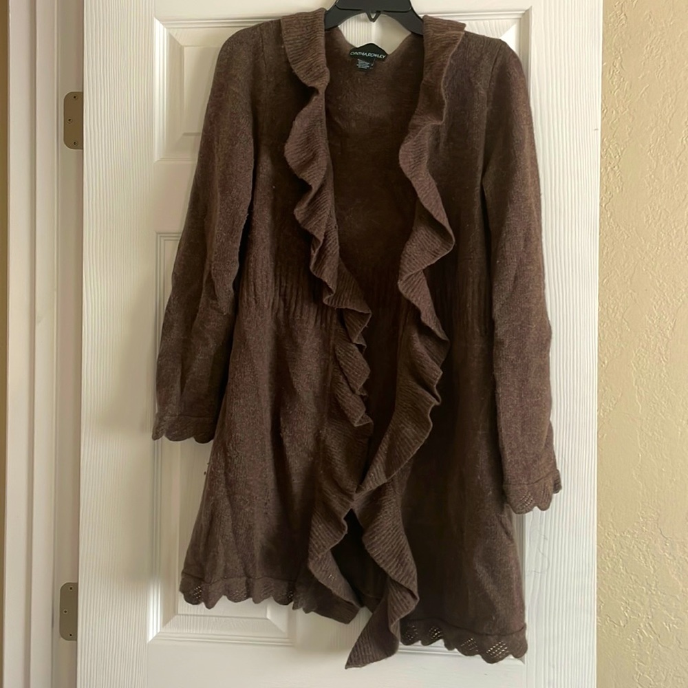 Brown Ruffle Neck Wool Blend Sweater